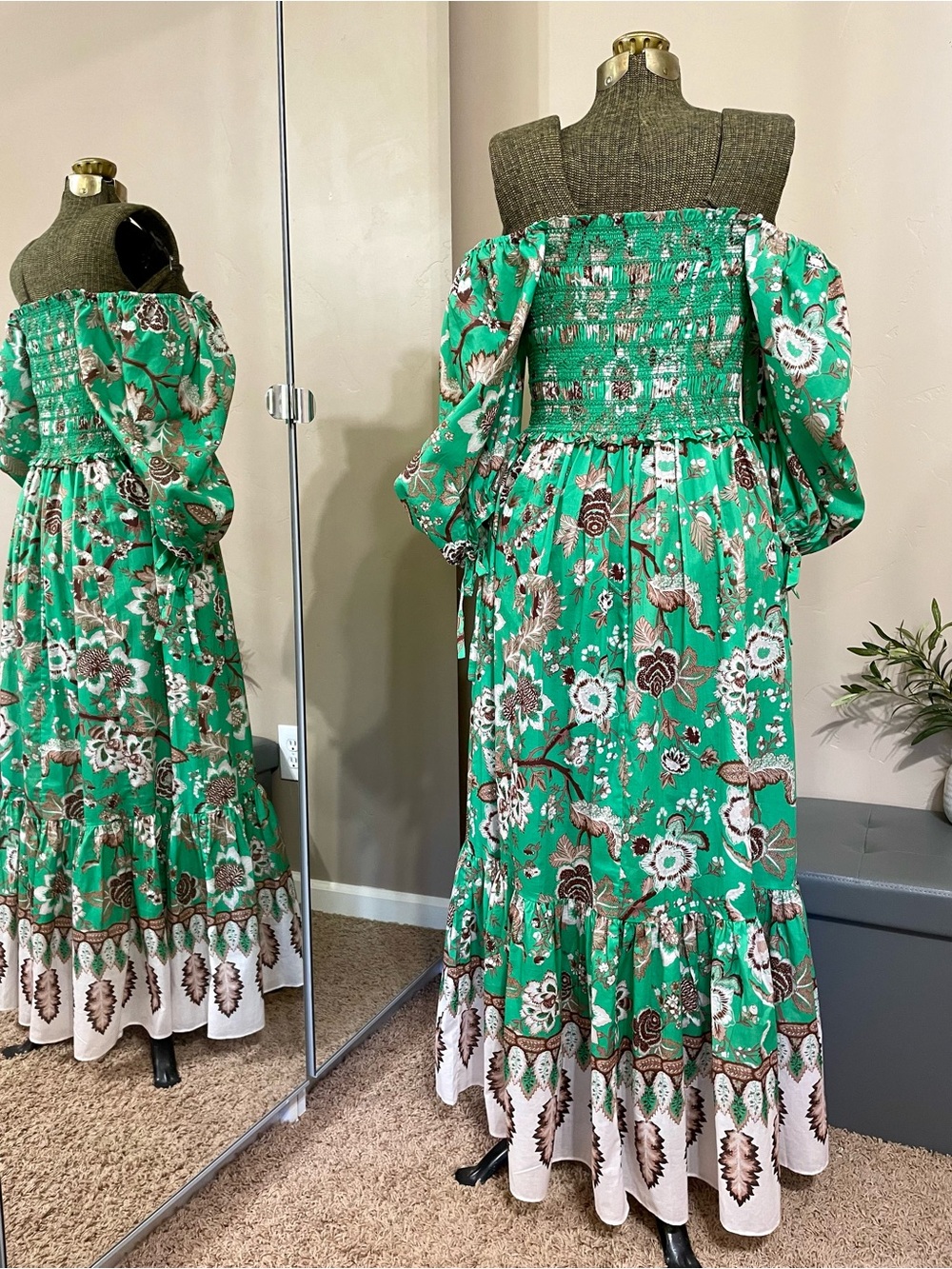 Cara Cara Jazzy Midi Dress Green Floral Smocked Puff Sleeve Cotton Cottagecore - Picture 7 of 16